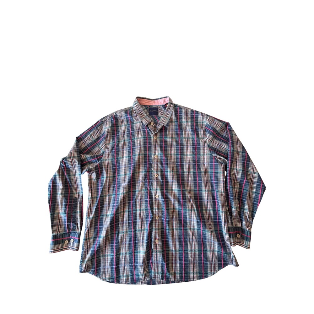 Tommy Bahama Mens 3XL Shirt Blue Pink Plaid Cotton Silk Blend Long Sleeve Button